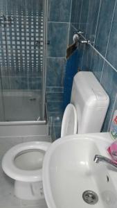 a bathroom with a white toilet and a sink at Casa albastră in Marghita