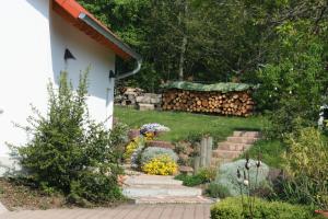 a garden with a retaining wall and a stone staircase at Ferienhaus Kaiser in Branchewinda