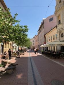 a city street with people walking down the street at Novák apartman Szeged in Szeged