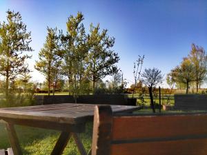 a wooden picnic table in a field with trees at Piratennest- Kojen in Dranske