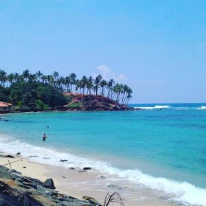 a beach with palm trees and a person in the water at Sunstyle Mirissa Guest House in Mirissa