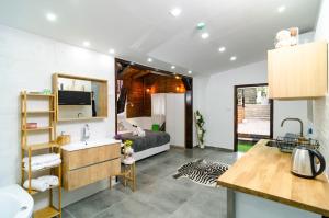eine Küche und ein Wohnzimmer mit einem Waschbecken und einem Bett in der Unterkunft Kinneret Lodging in Tiberias