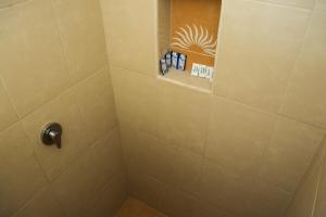 a shower in a bathroom with a tile wall at Hotel Arrecifes Costamaya in Mahahual