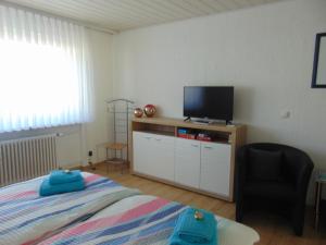 a bedroom with a bed and a flat screen tv at Gästehaus Brandenburger in Speyer