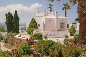 a white villa with a garden in front of it at Deep Blue Villa in Stelida