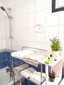 a bathroom with a shower and towels on a shelf at Le Parisien T1Antony-Berny by Beds4Wanderlust - 35m2 avec Balcon - Aéroport Orly 5miles - Train Station RER B ORLYVAL 1mile in Antony +30 photos