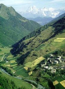 an aerial view of a village in a valley with mountains at Vichnashi in Mestia