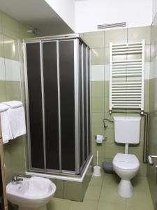 a bathroom with a toilet and a sink at Pensiunea Sydney in Timişoara