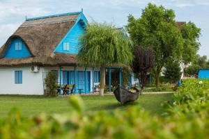 a blue and white house with a thatched roof at Cormoran Resort in Uzlina