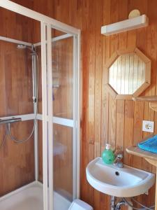 ein Bad mit einer Dusche und einem Waschbecken in der Unterkunft Ekra Cottages in Lagarfljótsvirkjun