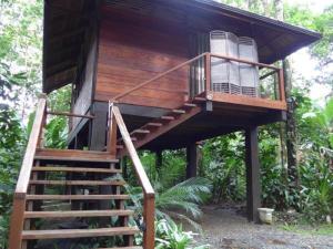 a tree house with stairs leading up to it at Mar Verde Lodge in Puerto Viejo
