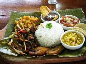a plate of food with rice and other foods at Casa Echavarria in San José