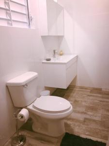 a white bathroom with a toilet and a sink at Latitude Adjustment in San Juan