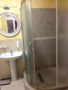La salle de bains est pourvue d'une douche, d'un lavabo et d'un miroir. dans l'établissement Moya Hotel, à Samara