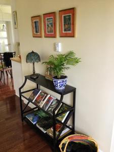 a black shelf with a plant and a lamp on it at Harbour Guesthouse in Clark's Harbour