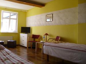 1 dormitorio con 1 cama, escritorio y TV en Pokoje Gościnne Irene, en Poznan