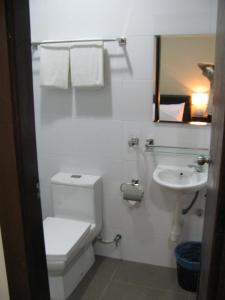 a white bathroom with a toilet and a sink at Fargo Boutique Hotel in Kuantan