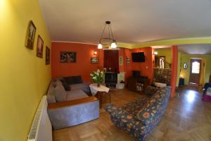 salon z pomarańczowymi ścianami i kanapą w obiekcie Comfortable house with garden w mieście Mańki