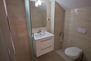 a bathroom with a toilet and a sink and a shower at Błękit Oceanu in Władysławowo +130 photos