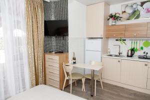 a kitchen with a table and chairs in a room at Apartments & Villa Georg in Odesa