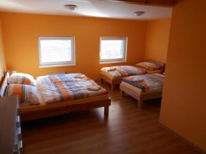a bedroom with two beds and two windows at Penzion Imrichovi in Moravská Nová Ves