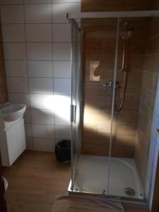 La salle de bains est pourvue d'une douche avec une porte en verre. dans l'établissement Penzion Imrichovi, à Moravská Nová Ves