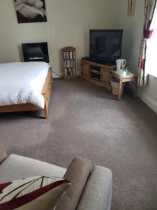a living room with a bed and a flat screen tv at Roosecote Guest House in Barrow in Furness
