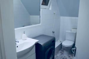 łazienka z umywalką, toaletą i lustrem w obiekcie Rozmaring Apartman Pécs w mieście Pecz +13 zdjęć