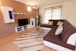 a living room with a couch and a tv at Danica in Smoljanci