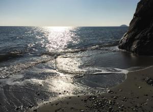 una spiaggia con il sole che riflette sull'acqua di Rooms&Apartments Hotel Danci a Borghetto Santo Spirito