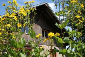 una casa con flores amarillas delante de ella en Notre Cachette, en Biffontaine