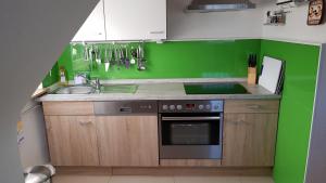 a green kitchen with a sink and a stove at Ferien- Messewohnung nähe Köln-Messe Flughafen Bonn in Rösrath