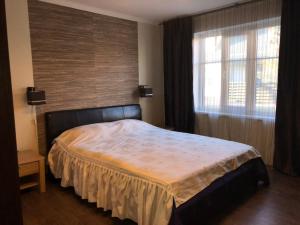 a bedroom with a bed and a large window at Apartments Weintrauben in Pärnu