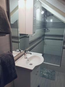 a bathroom with a sink and a shower and a mirror at House Dado in Jezerce