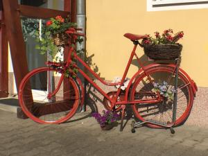 Strehla的住宿－Ambiente Hotel Strehla，一辆红色自行车停在一座鲜花盛开的建筑旁边