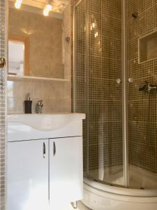 een badkamer met een wastafel en een douche met een glazen deur bij Apartments Lara in Kotor