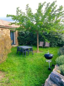 una griglia in un cortile con tavolo e albero di Clos Simoni a Figari