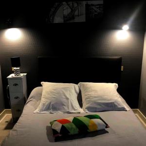 um quarto com uma cama grande e 2 almofadas em Chez l'ahumat em Aire-sur-lʼAdour