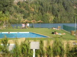 a pool with people laying on the grass next to a lake at Casa Amarela - Região do Douro in Loureiro