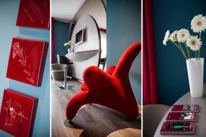 two pictures of a red chair in a room at Hotel Da Vinci in Milan
