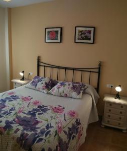 1 dormitorio con 1 cama con colcha de flores y 2 lámparas en Apartamentos Luna y Rosa, en Albir