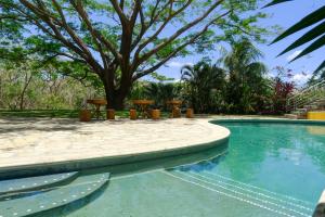 a swimming pool with a tree and picnic tables at Luxury Studio Suite in San Juan del Sur