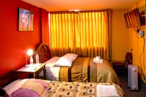 a bedroom with a bed and a lamp at Hostal Virgen de Las Nieves II in Puno