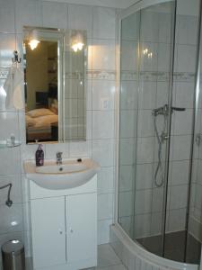 a bathroom with a sink and a shower with a mirror at Pension Kozel in Ricany