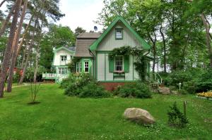 una casa verde en medio de un patio en Landhaus Victoria, en Boltenhagen