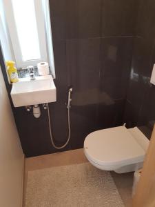 łazienka z toaletą, umywalką i oknem w obiekcie Viru Maja w Tallinnie