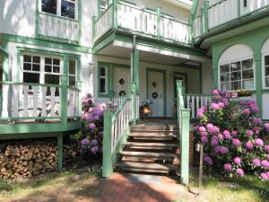 una casa verde con una escalera y flores en Landhaus Victoria, en Boltenhagen