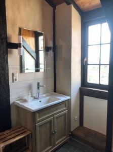 a bathroom with a sink and a mirror and a window at Fewo GERICHTSSTUBE im Rittergut bei Dresden für 2 Erw und 4 Kids in Wachau