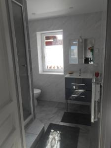 a bathroom with a sink and a toilet and a window at juste pour le plaisir in Saint-Pierre-dʼAlbigny +9 photos