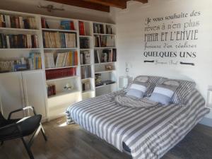 a bedroom with a bed with a book shelf with books at juste pour le plaisir in Saint-Pierre-dʼAlbigny